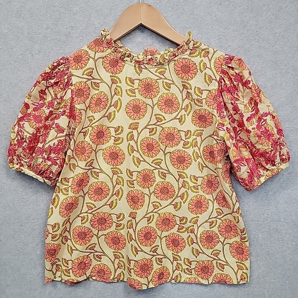 THML Women's Sz XS Top Blouse Yellow Pink Embroidery Floral Puff Sleeve Keyhole